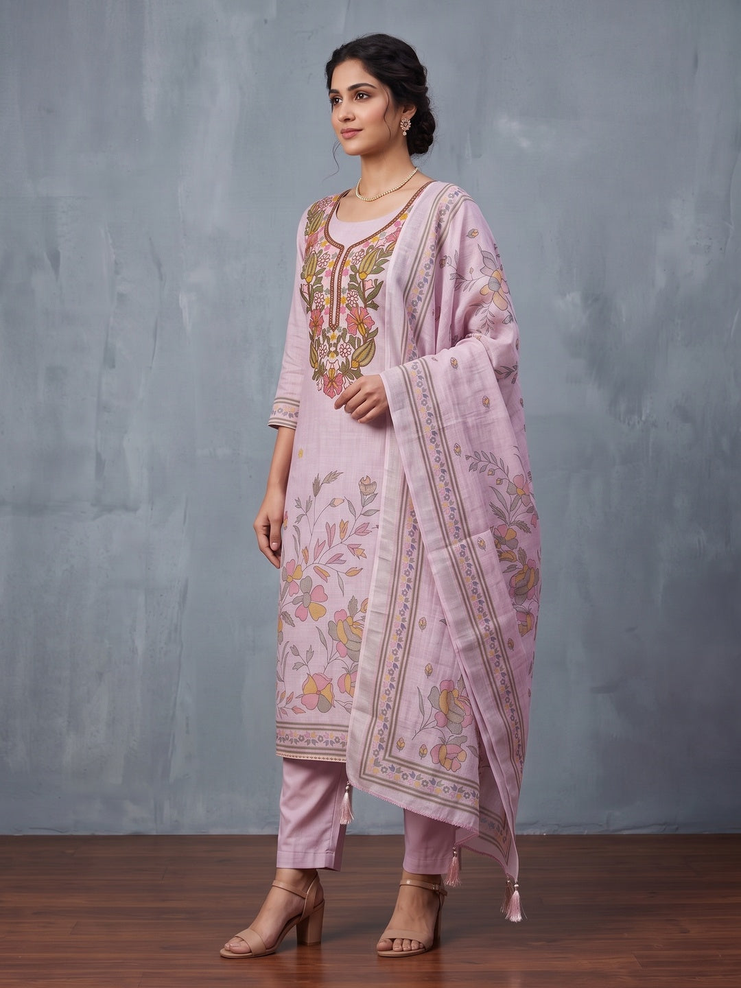 Peachmode Mauve Floral Embroidered Linen Cotton Dress Material - Image 3