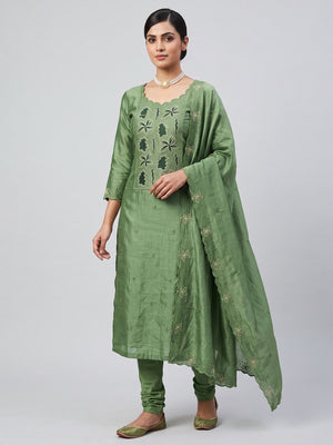 Green Floral Embroidery Enhanced Vichitra Silk Fabric Set for Stylish Traditional Outfits - Image 1