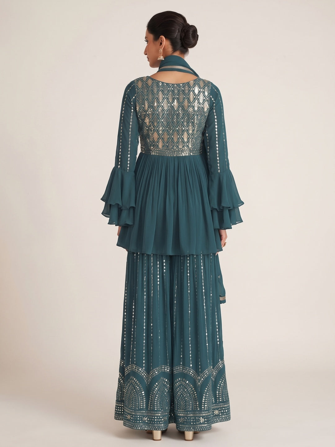 Teal Blue Sequins Embroidered Chinon Semi Stitched Sharara Suit - Image 2