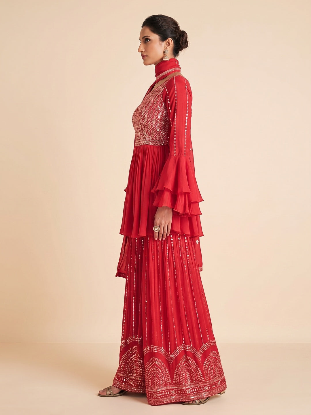 Red Sequins Embroidered Chinon Semi Stitched Sharara Suit - Image 3