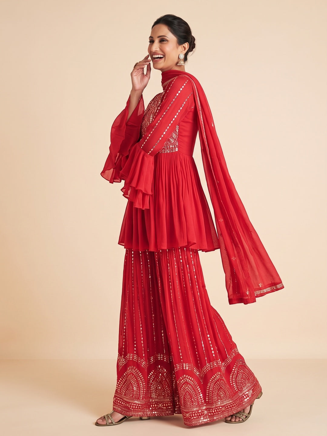 Red Sequins Embroidered Chinon Semi Stitched Sharara Suit - Image 4