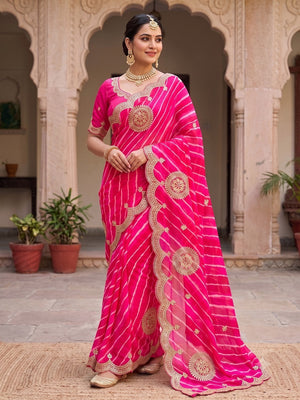 Peachmode Pink Embroidered Leheriya Georgette Saree - Image 1