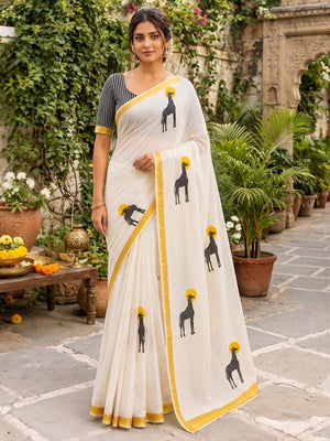 Peachmode Yellow Malai Cotton Animal Digital Print Saree - Image 1