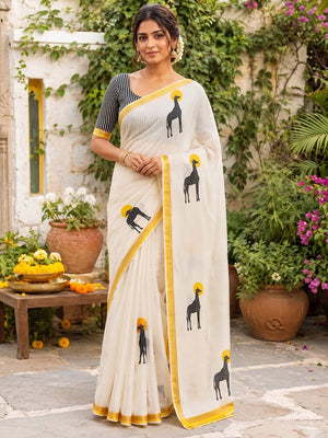Peachmode Yellow Malai Cotton Animal Digital Print Saree - Image 2