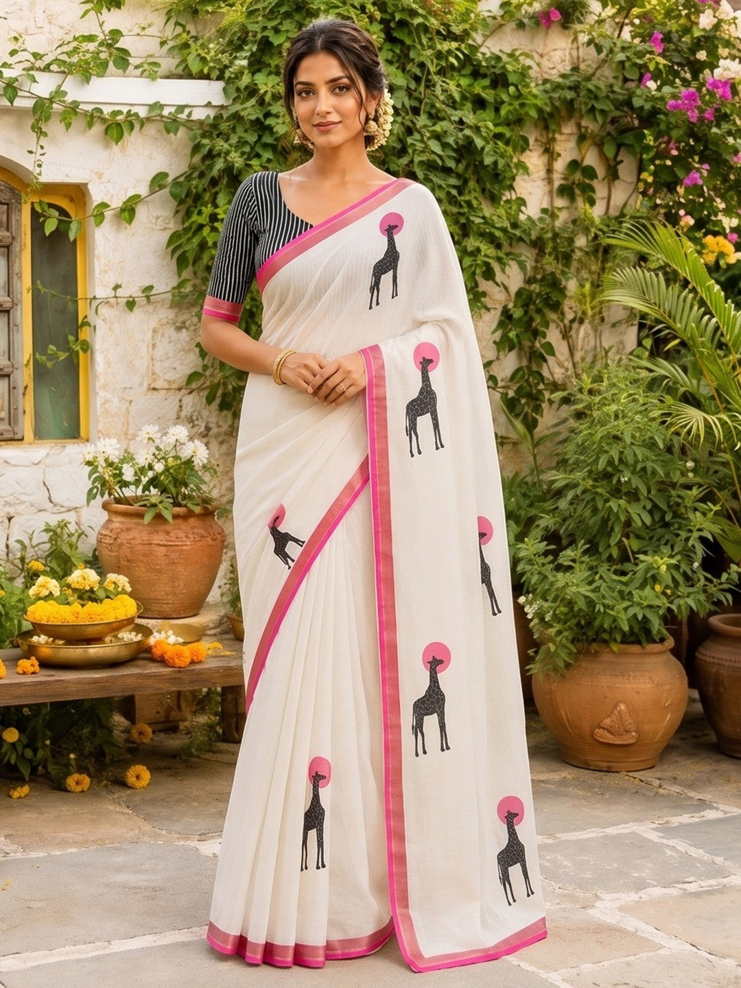 Peachmode Pink Malai Cotton Animal Digital Print Saree - Image 2
