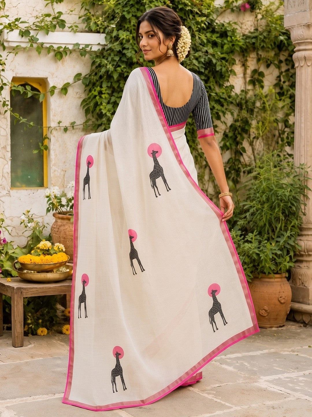 Peachmode Pink Malai Cotton Animal Digital Print Saree - Image 4