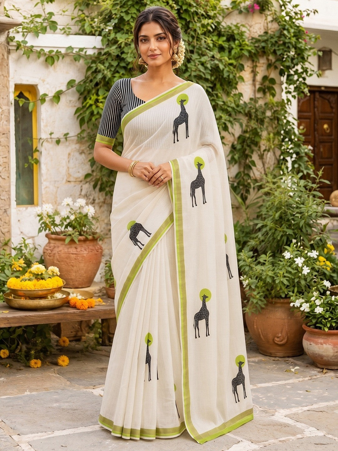 Peachmode Green Malai Cotton Animal Digital Print Saree - Image 2