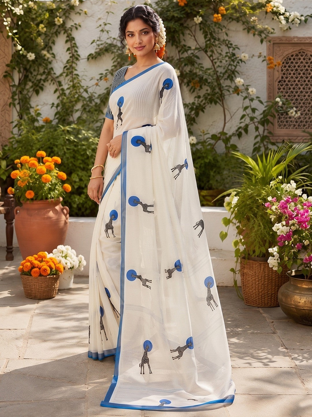 Peachmode Blue Malai Cotton Animal Digital Print Saree - Image 3