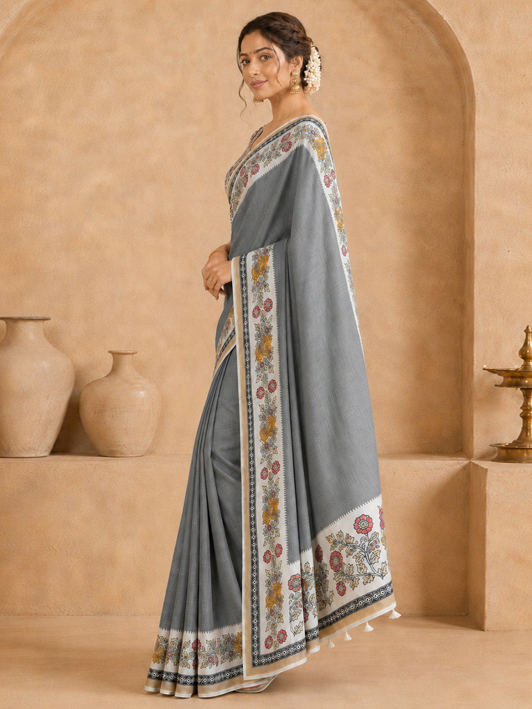 Peachmode Grey Malai Cotton Fancy Digital Print Saree - Image 3