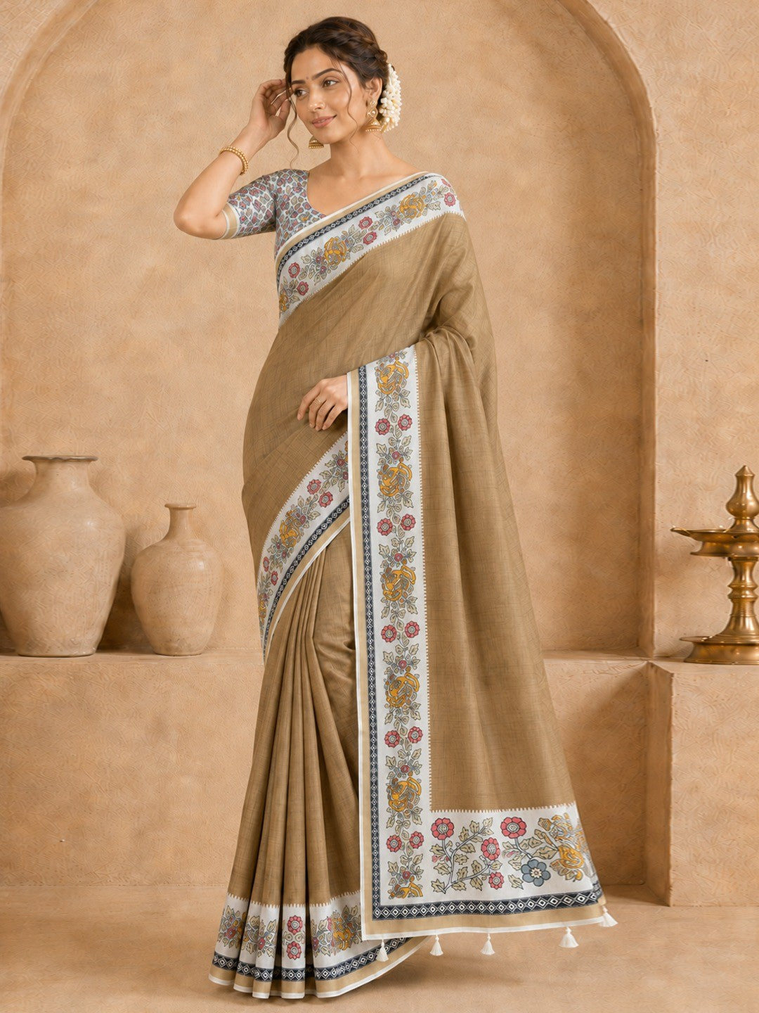 Peachmode Beige Malai Cotton Fancy Digital Print Saree - Image 1