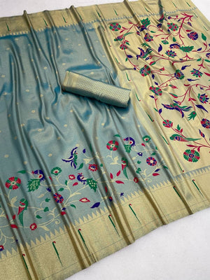 Peachmode Teal Bamboo Tissue Silk Paithani Saree - Image 2