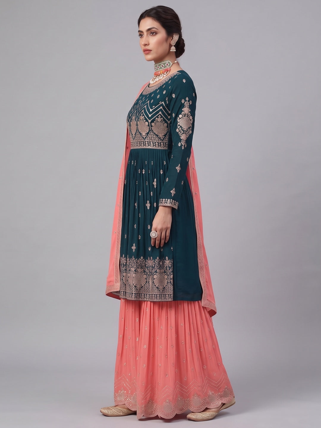 Rama Blue Floral Sequins Embroidered Georgette Sharara Suit - Image 3