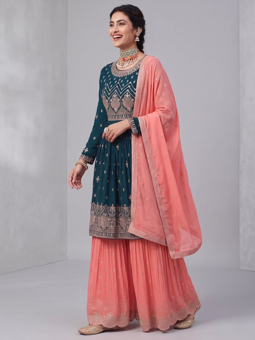 Rama Blue Floral Sequins Embroidered Georgette Sharara Suit - Image 4