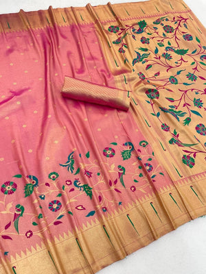 Peachmode Pink Bamboo Tissue Silk Paithani Saree - Image 2