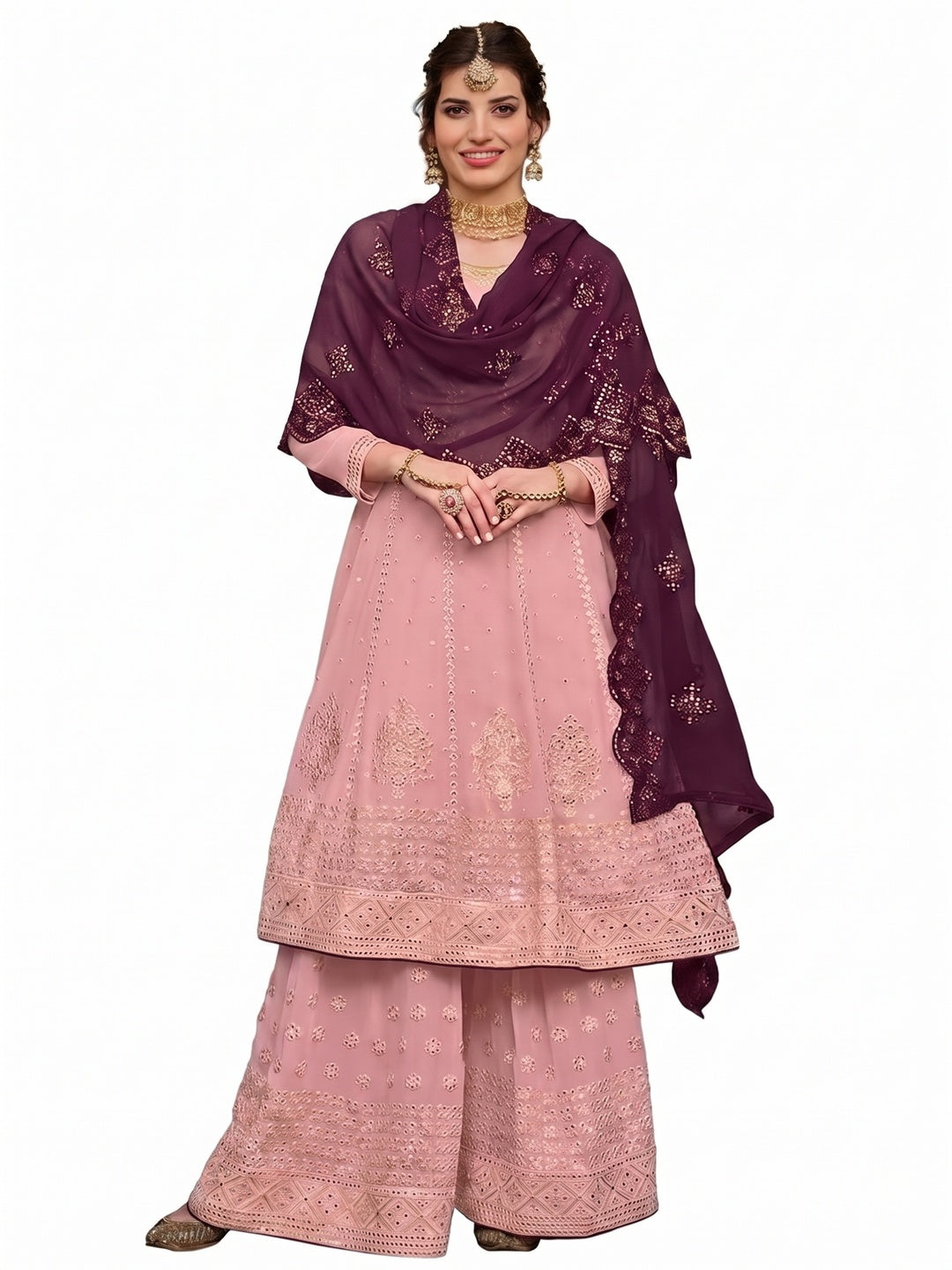 Peach Mirror Embroidered Georgette Sharara Suit - Image 1