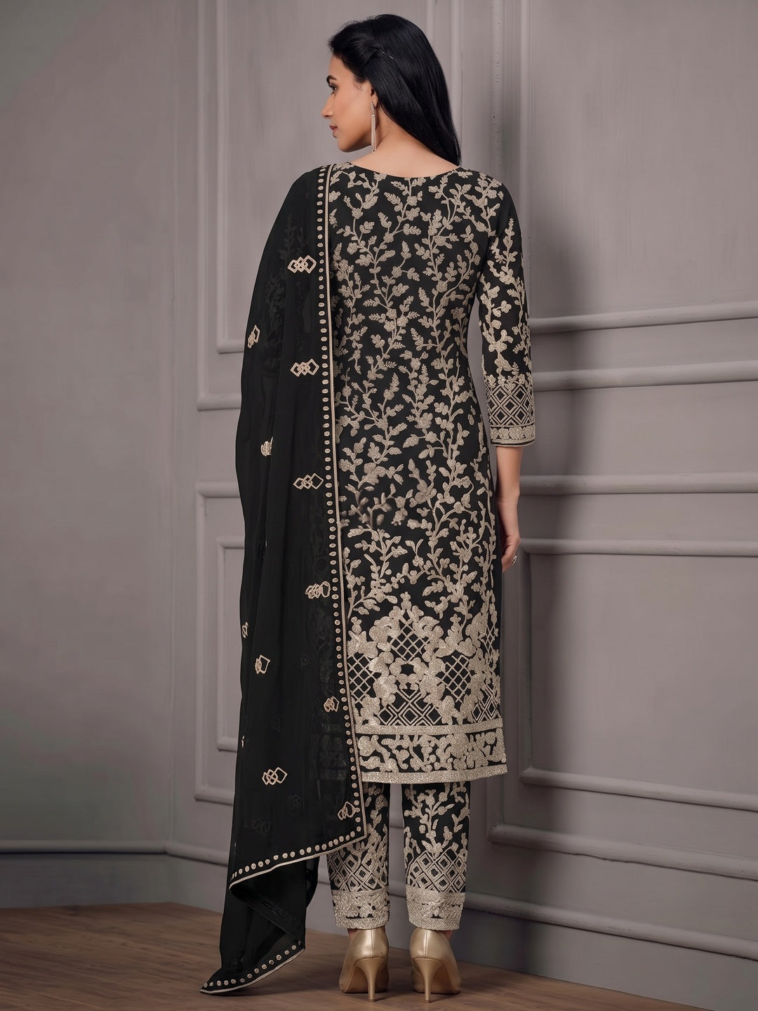 Black Sequins Floral Embroidered Net Salwar Suit - Image 1