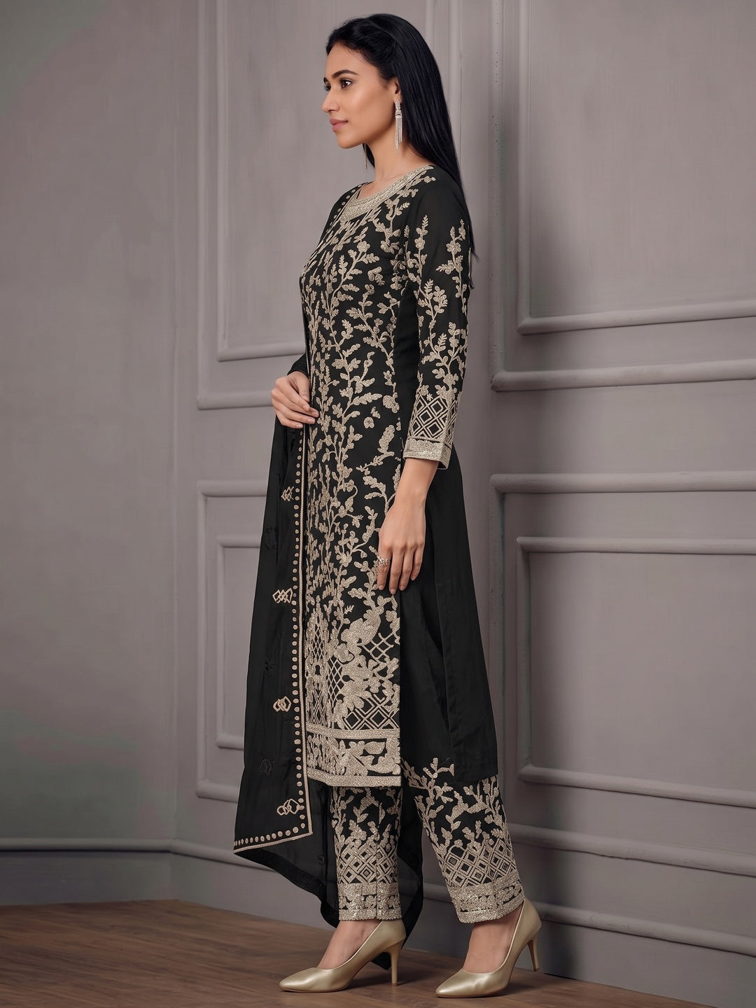 Black Sequins Floral Embroidered Net Salwar Suit - Image 2