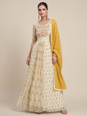 Cream Embroidered With Printed Georgette Semi Stitched Anarkali Suit - Image 1