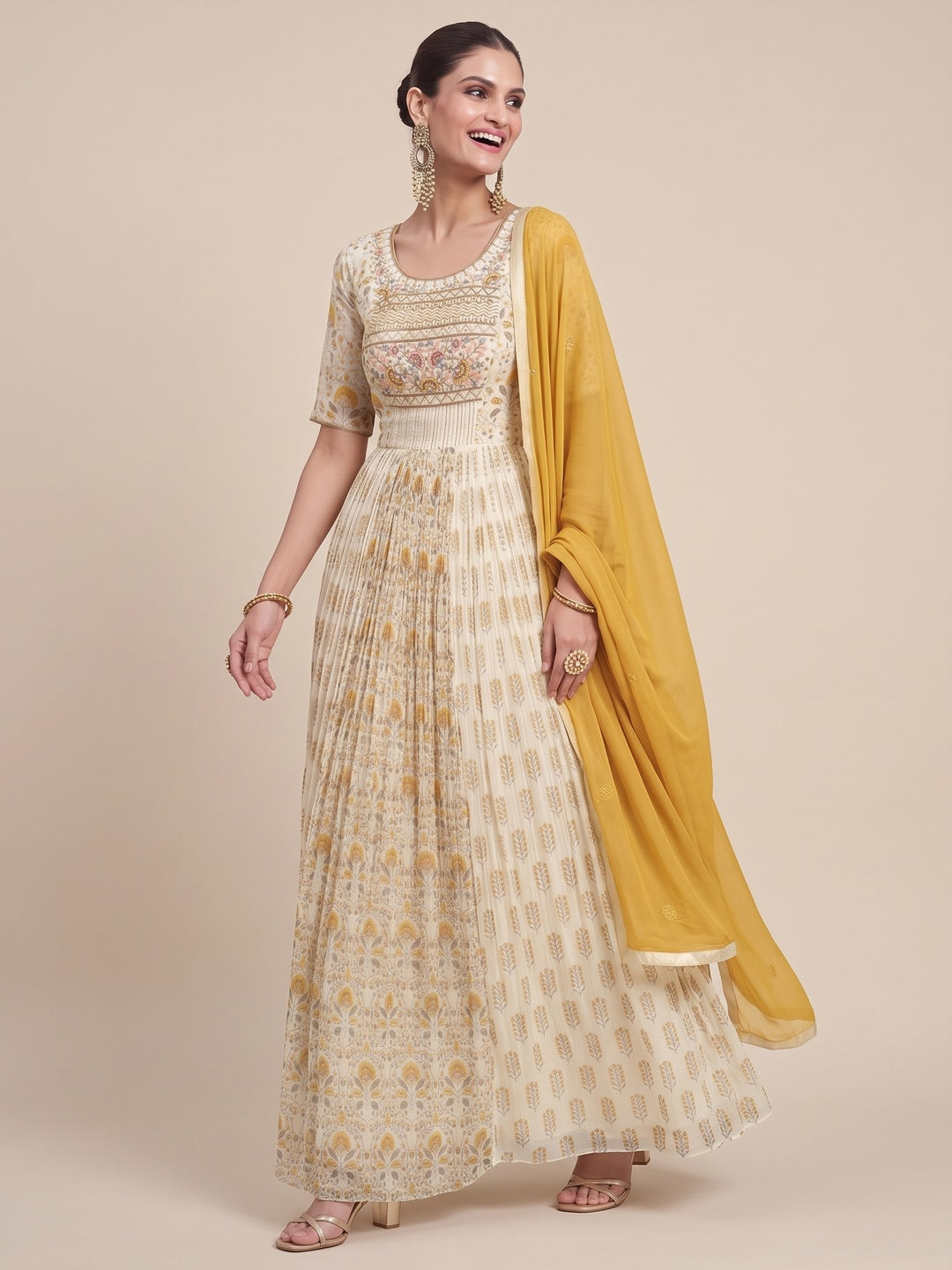 Cream Embroidered With Printed Georgette Semi Stitched Anarkali Suit - Image 4