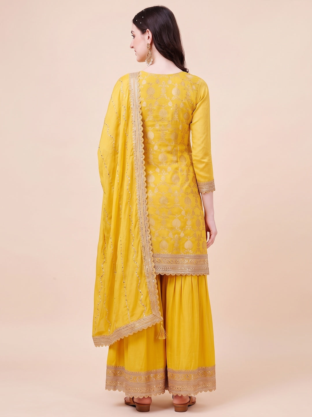 Yellow Floral Zari Woven Chinon Semi Stitched Dress Material - Image 2