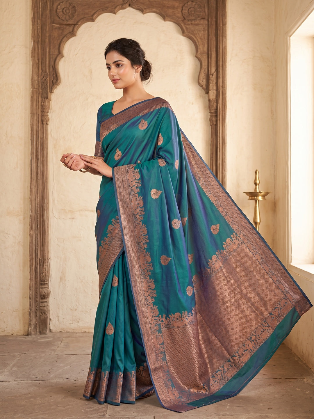 Peachmode Teal Kanjivaram Silk Zari Saree - Image 1