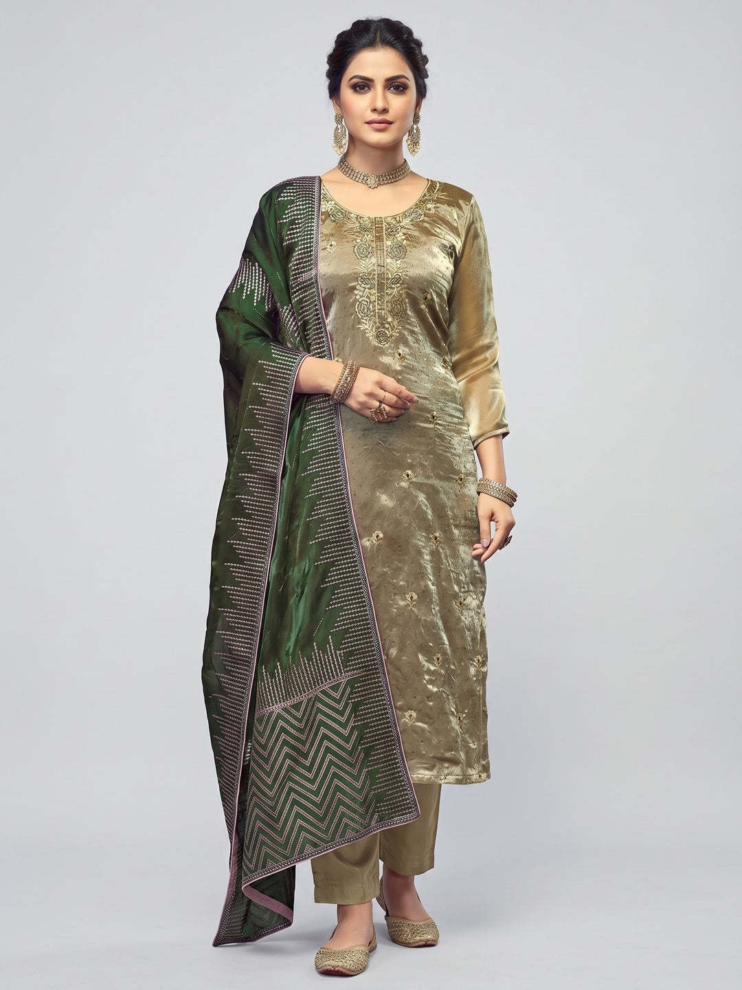 Green Floral Embroidery With Swarovski Work Jimmy Choo Tissue Semi Stitched Suit - Image 1