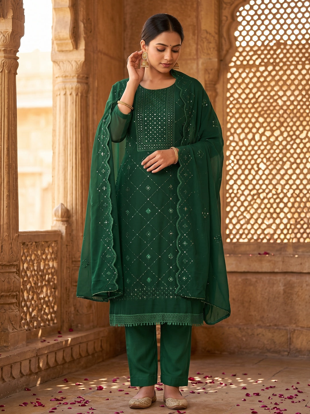 Green Georgette Dress Material Featuring Delicate Thread Embroidery & Sequin Accent - Image 1