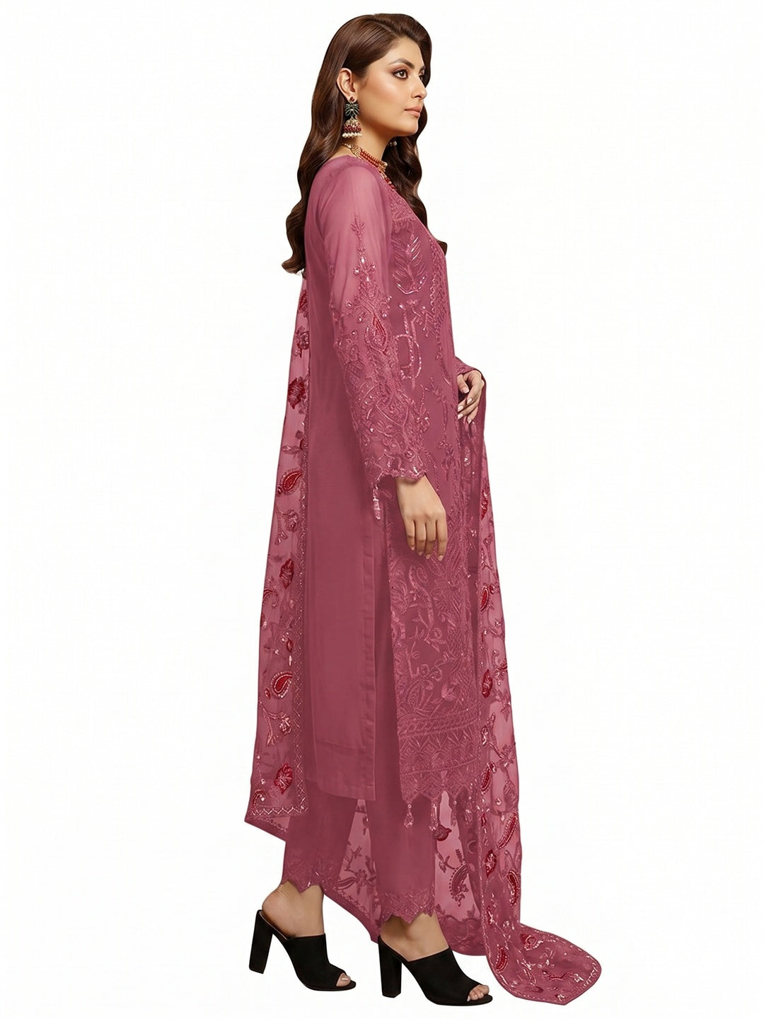 Mauve Embroidered Georgette Semi Stitched Pakistani Suit - Image 3