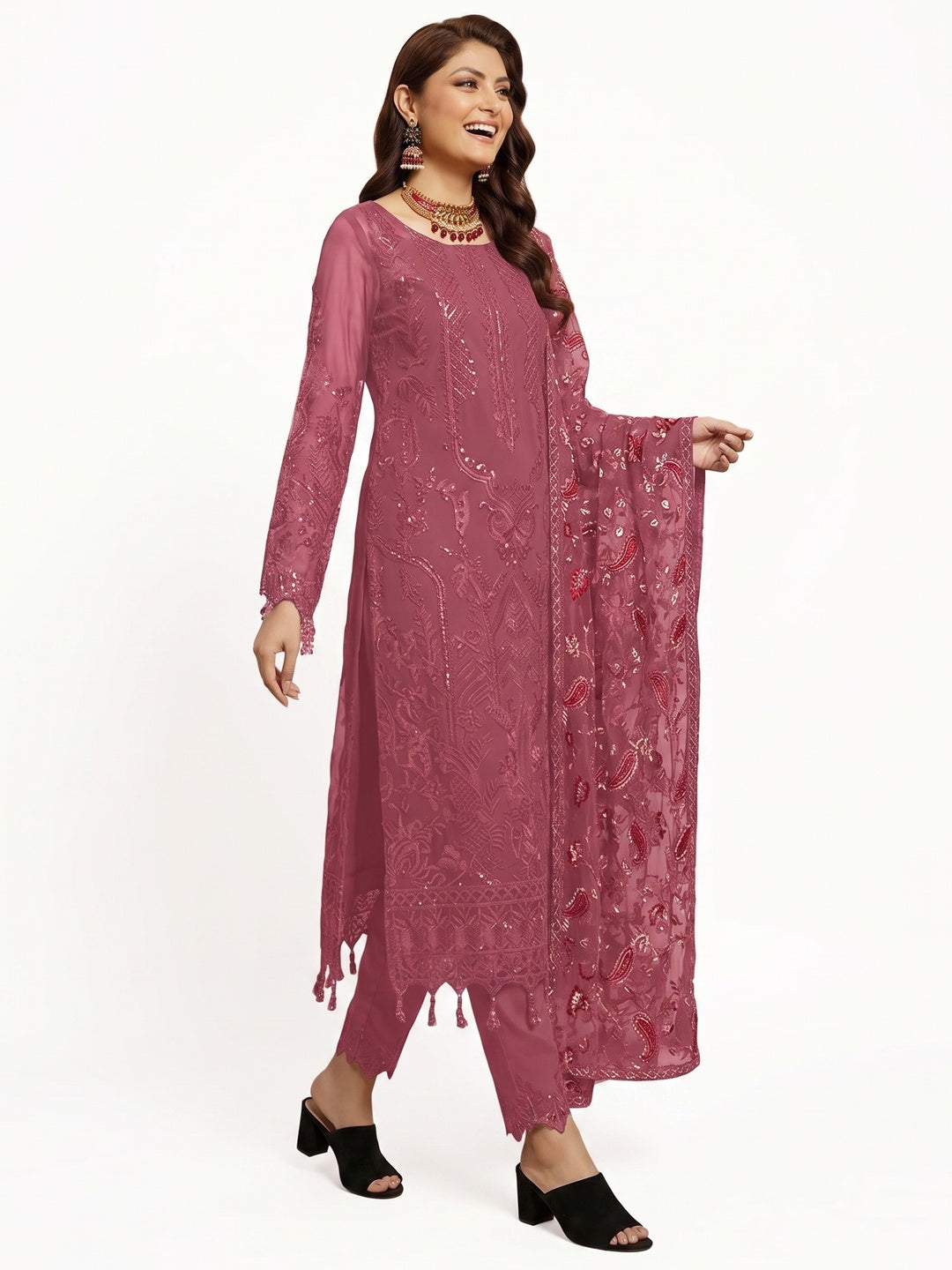 Mauve Embroidered Georgette Semi Stitched Pakistani Suit - Image 4