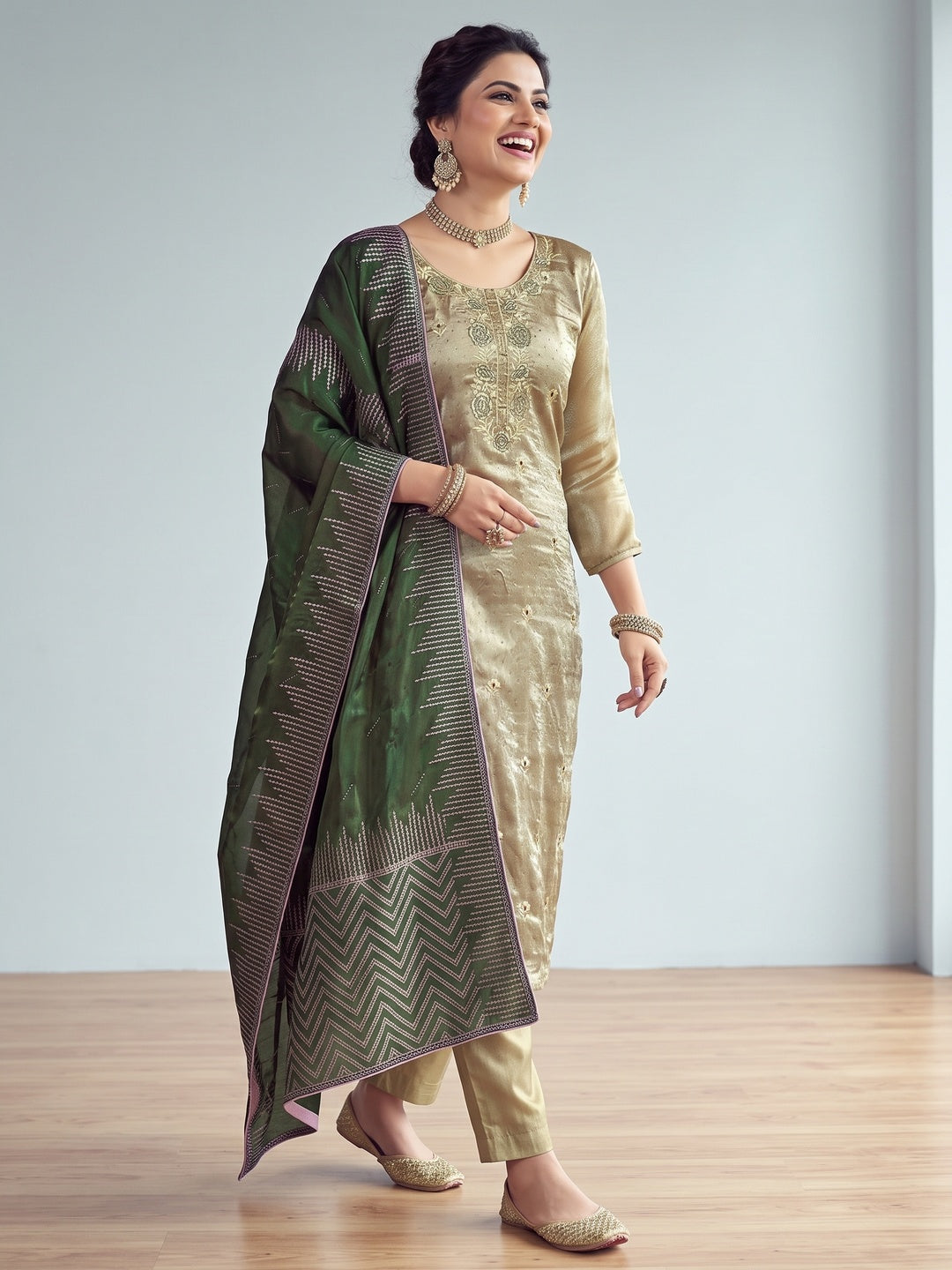 Green Floral Embroidery With Swarovski Work Jimmy Choo Tissue Semi Stitched Suit - Image 4