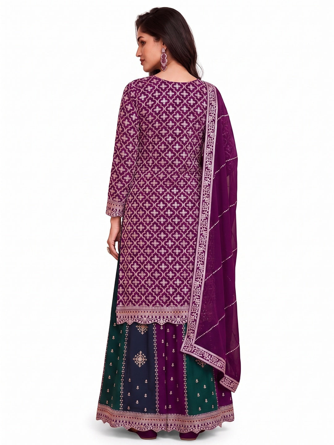 Purple Embroidered Chinon Semi Stitched Sharara Suit - Image 1
