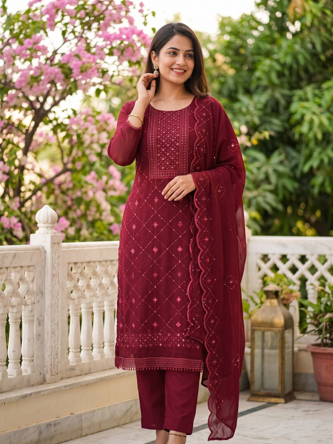 Maroon Georgette Dress Material Featuring Delicate Thread Embroidery & Sequin Accent - Image 1