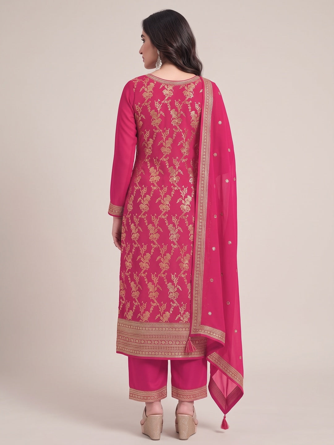 Pink Woven With Embroidered Jacquard Viscose Semi Stitched Salwar Suit - Image 2