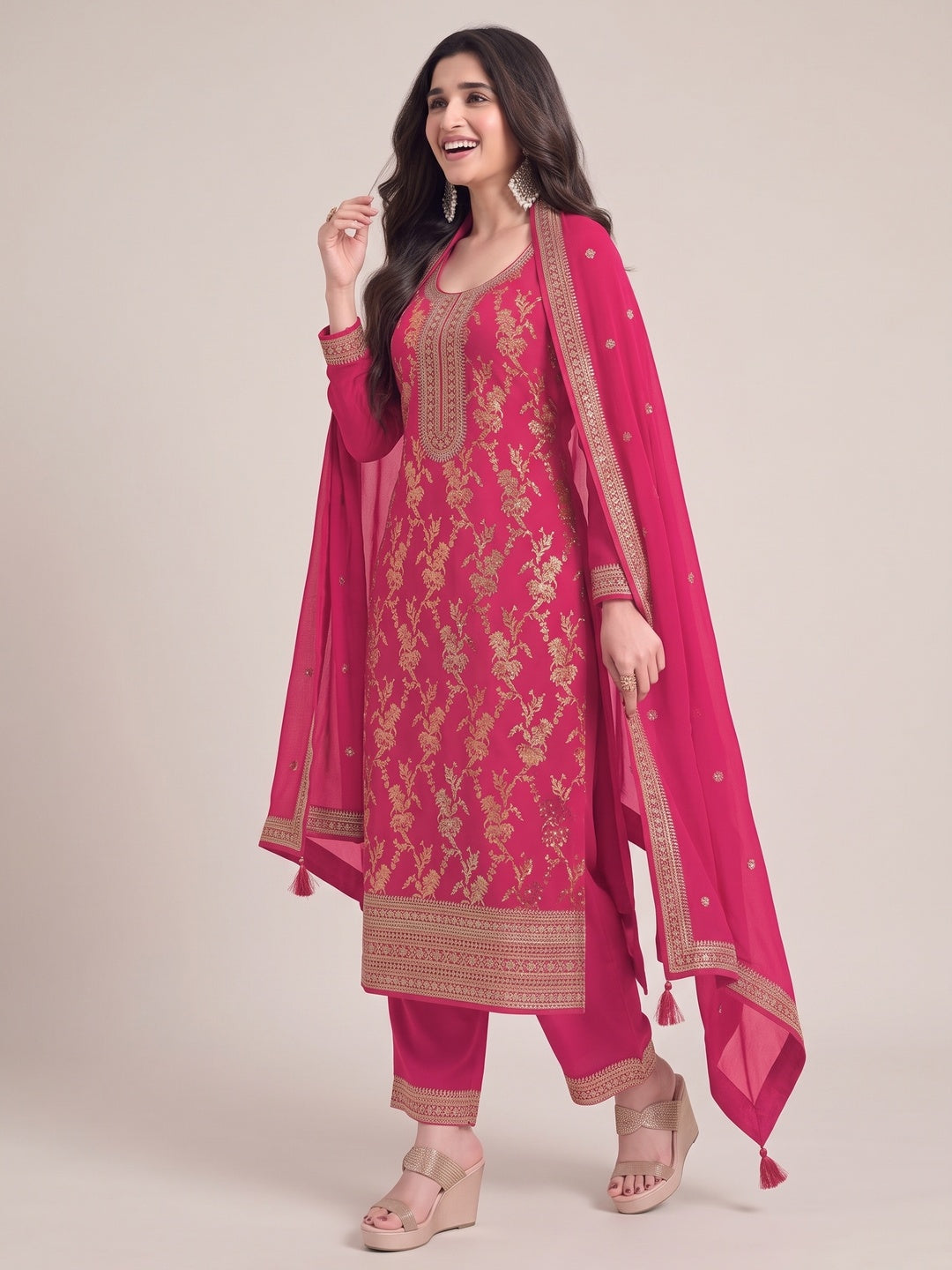 Pink Woven With Embroidered Jacquard Viscose Semi Stitched Salwar Suit - Image 4
