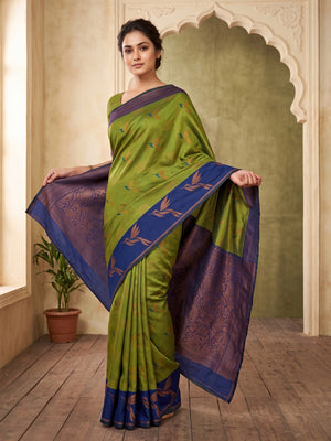 Peachmode Olive Banarasi Silk Zari Saree - Image 1