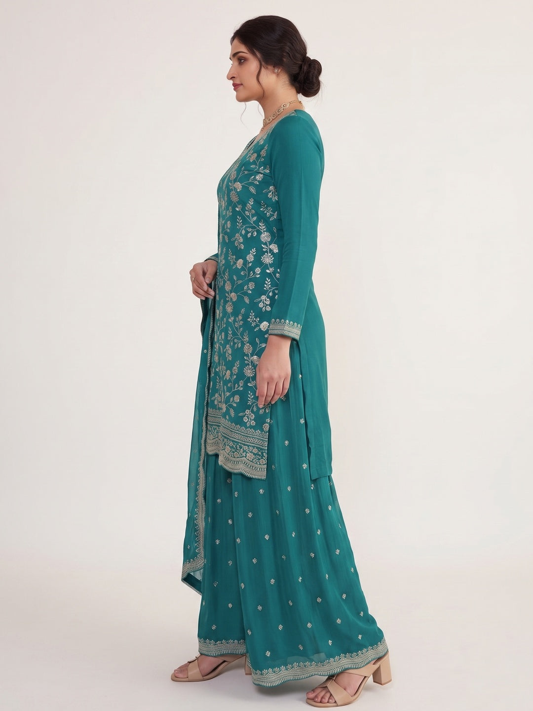 Teal Floral Embroidered Chinon Semi Stitched Sharara Suit - Image 3
