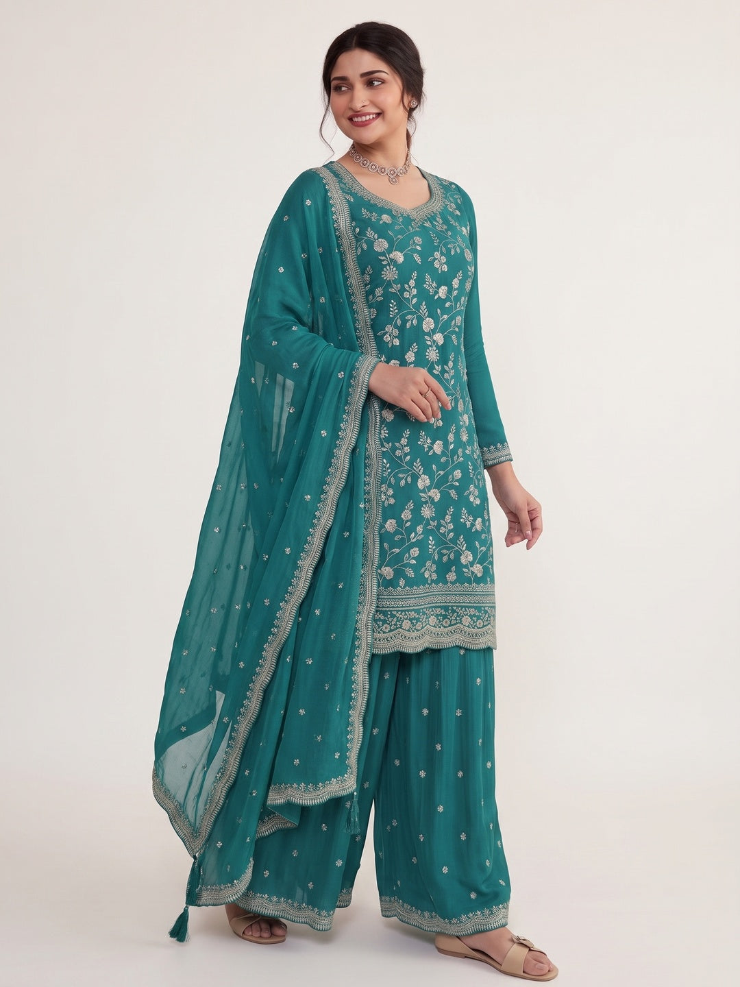 Teal Floral Embroidered Chinon Semi Stitched Sharara Suit - Image 4