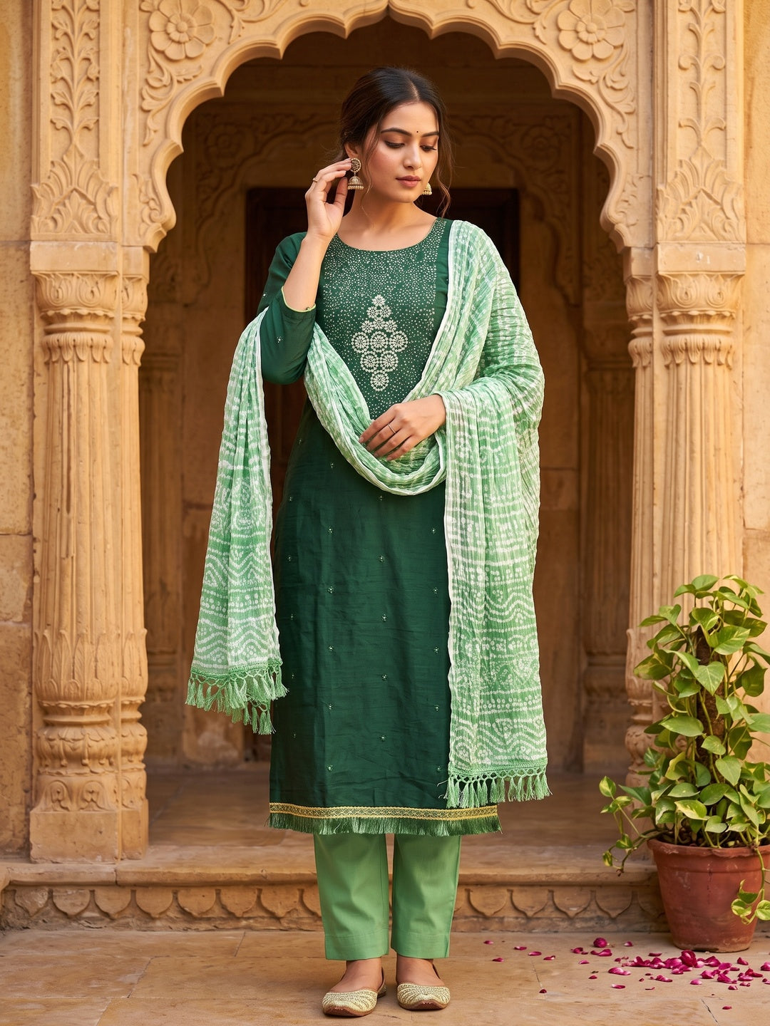 Green Floral Embroidered Cotton Blend Dress Material Adorned With Sparkling Sequins Work - Image 1