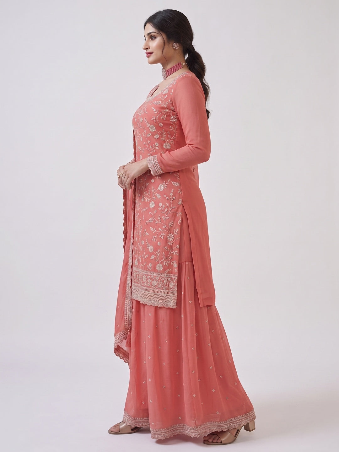 Peach Floral Embroidered Chinon Semi Stitched Sharara Suit - Image 3