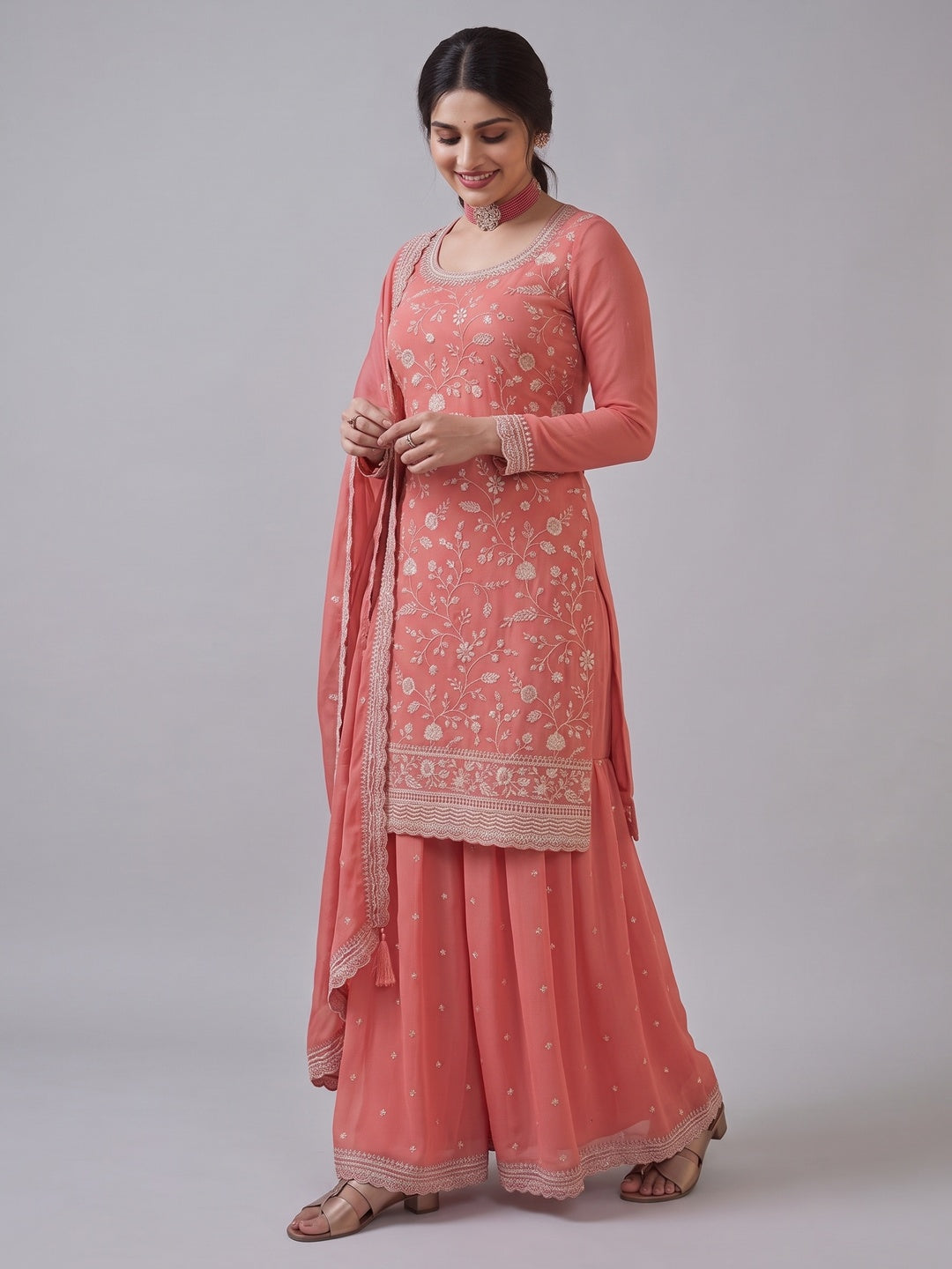 Peach Floral Embroidered Chinon Semi Stitched Sharara Suit - Image 4