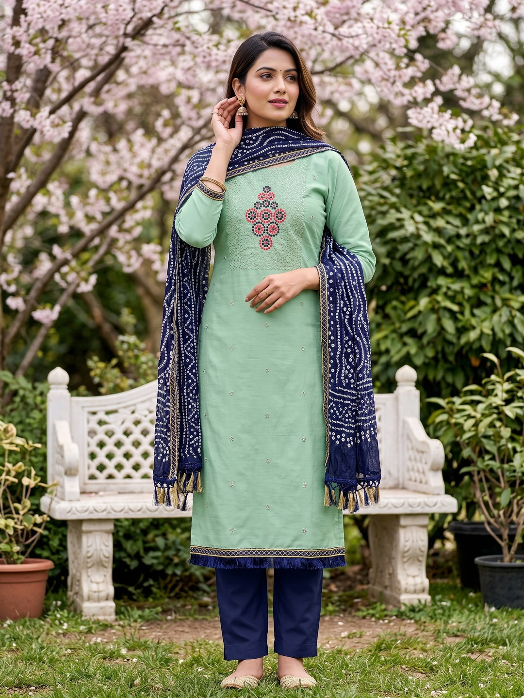 Sea Green Floral Embroidered Cotton Blend Dress Material Adorned With Sparkling Sequins Work - Image 1