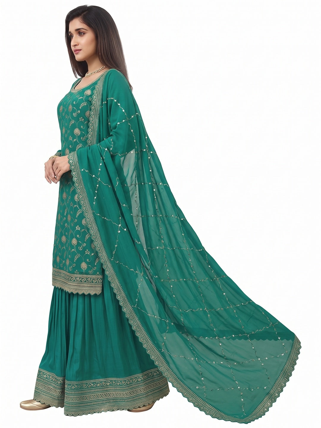 Rama Green Floral Sequins Embroidered Chinon Semi Stitched Sharara Suit - Image 3