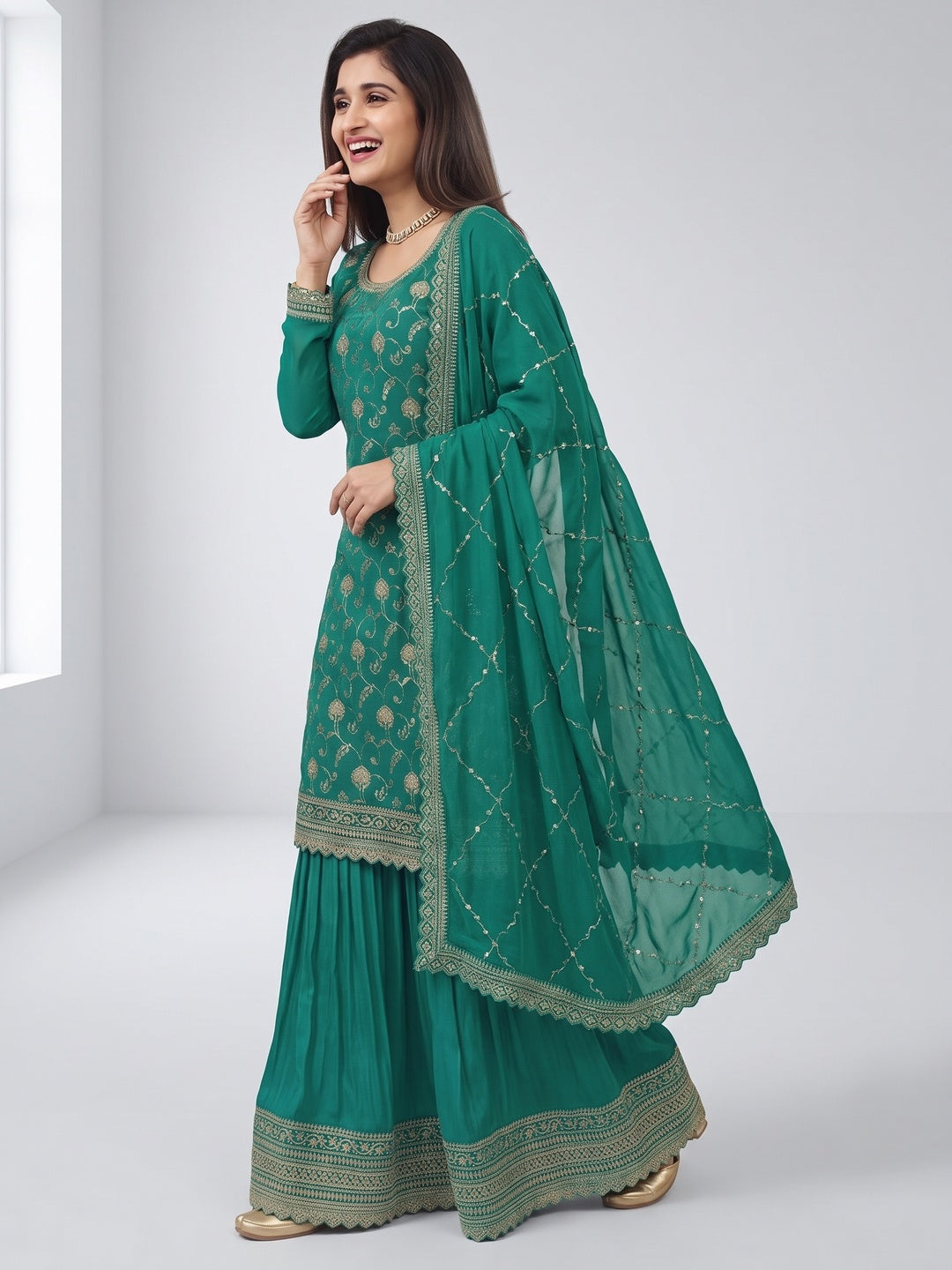 Rama Green Floral Sequins Embroidered Chinon Semi Stitched Sharara Suit - Image 4
