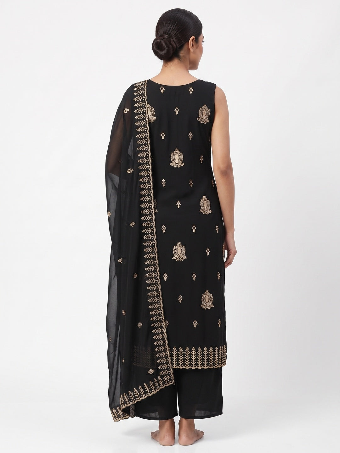 Black Georgette Dress Material Adorned With Floral Zari & Sequin Embroidery - Image 2