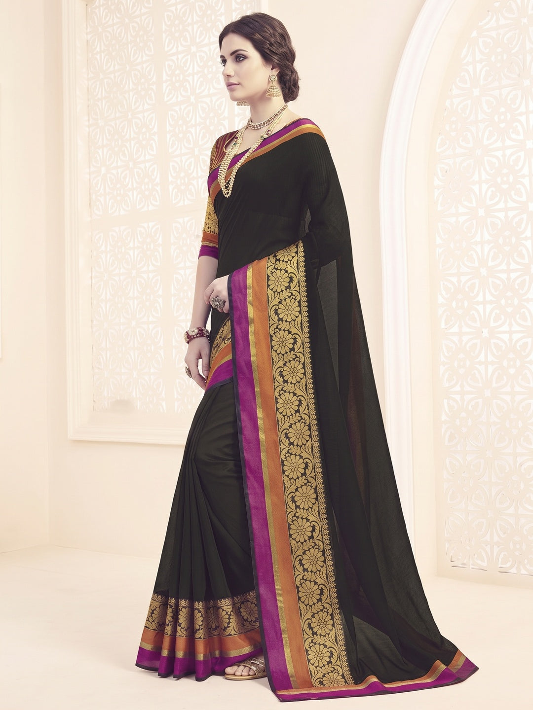 Black Embroidered Weaving Work Saree - Image 3
