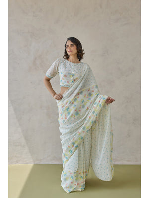 Peachmode Off White Floral Printed Georgette Saree - Image 1