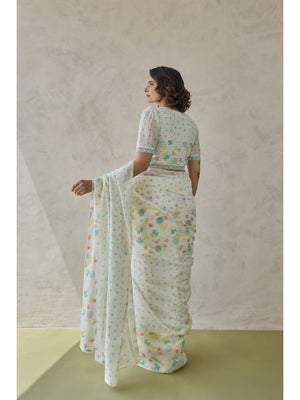 Peachmode Off White Floral Printed Georgette Saree - Image 2