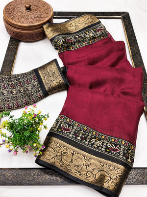 Peachmode Maroon Patola Border Art Silk Saree - Image 2