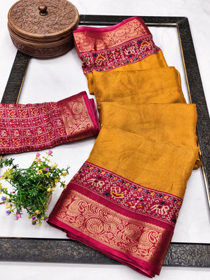 Peachmode Mustard Patola Border Art Silk Saree - Image 2
