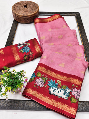 Peachmode Pink Cow Motif Border Art Silk Saree - Image 2